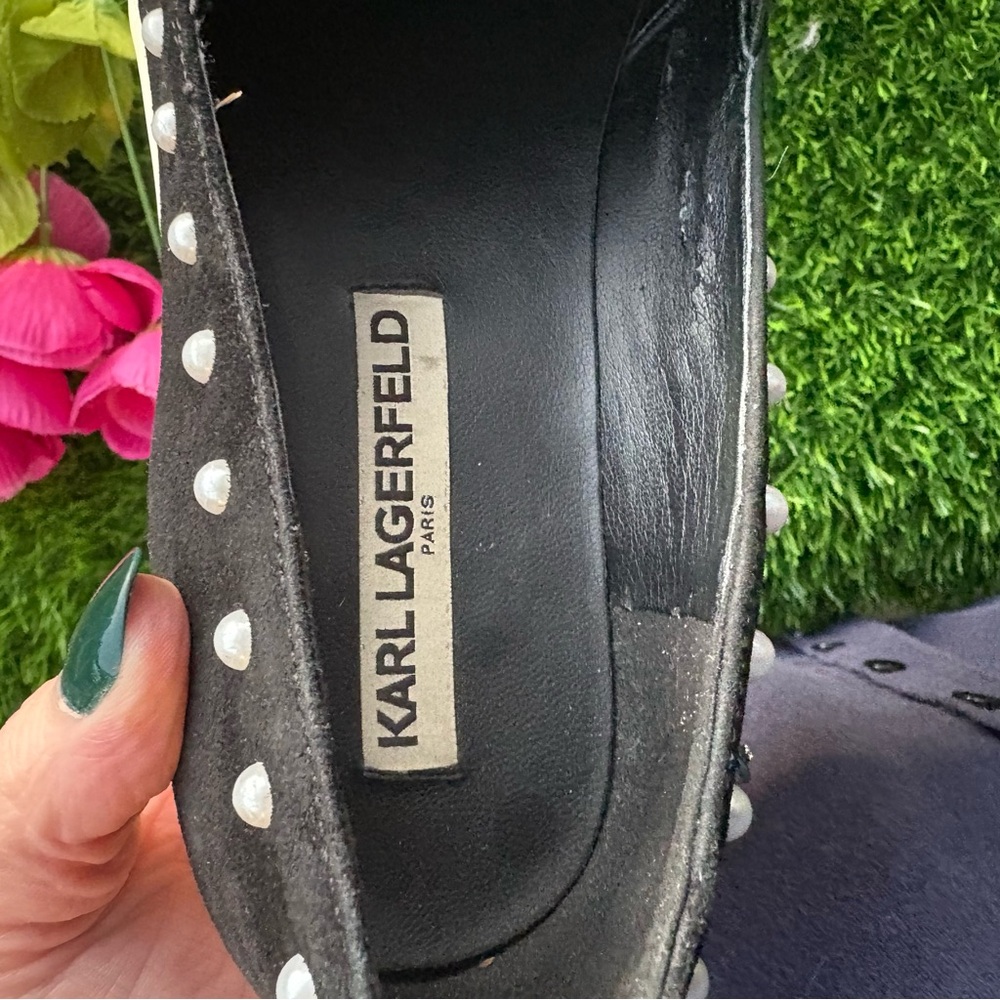 KARL LAGERFIELD NLACK POINTED TOE LEATHER SUEDE SNEAKERS FAUX PEARL TRIM 8.5 - Picture 3 of 10